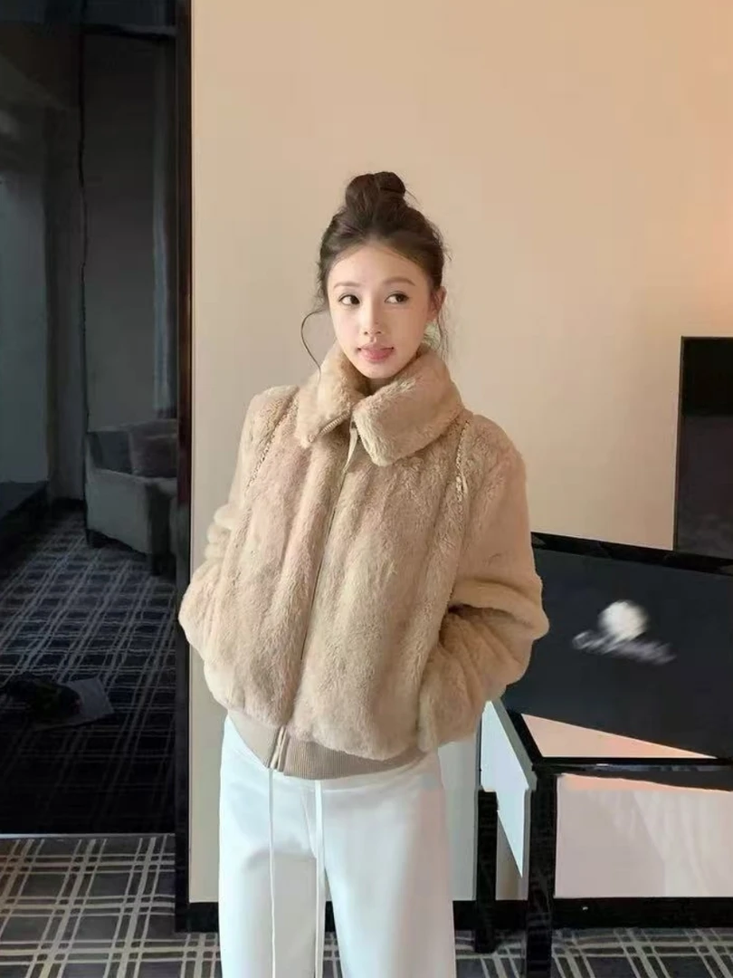 人造皮草 秋冬短款保暖名媛翻领女加绒加厚款短外套毛皮草上衣