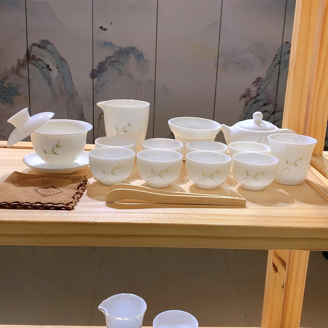 羊脂玉瓷竹报平安16件套功夫茶具