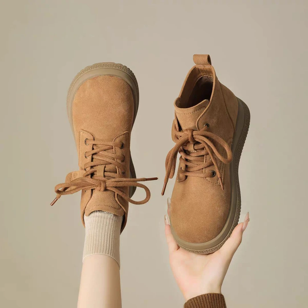 厚底马丁靴女2025年秋冬新款圆头复古系带加绒休闲舒适短靴