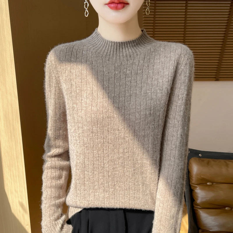MDS100%羊毛衫一线半高领麻花宽松纯色长袖针织衫-821