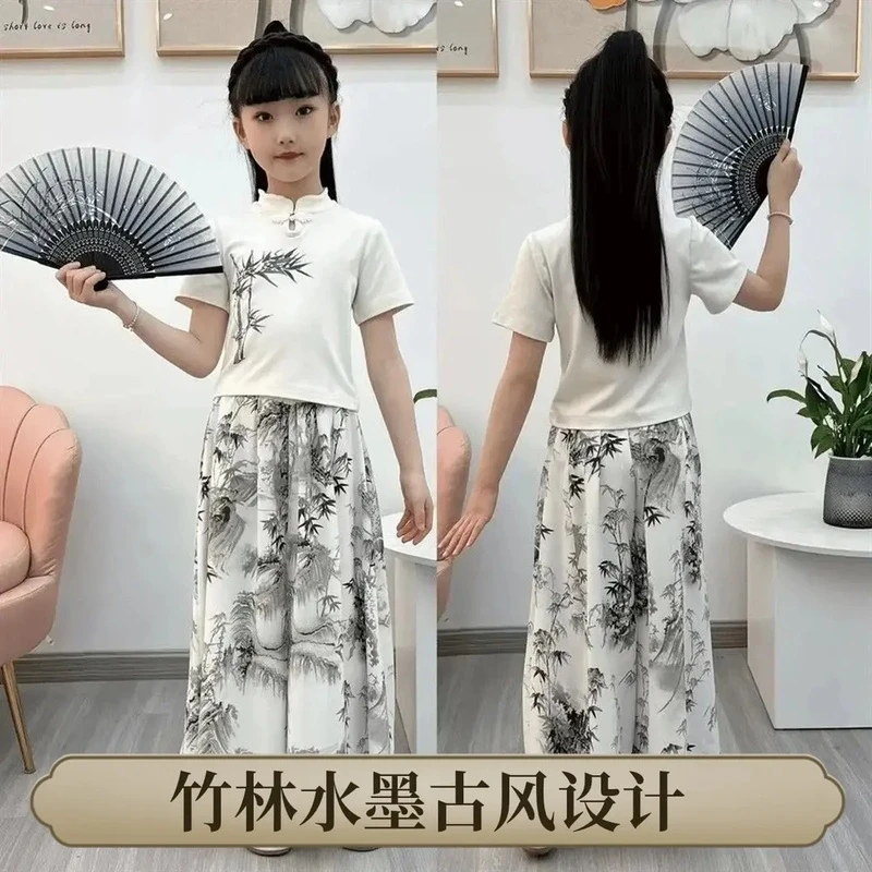 夏季女童休闲2025新款国风儿童中式裙裤两件套中大童夏季薄款裙裤