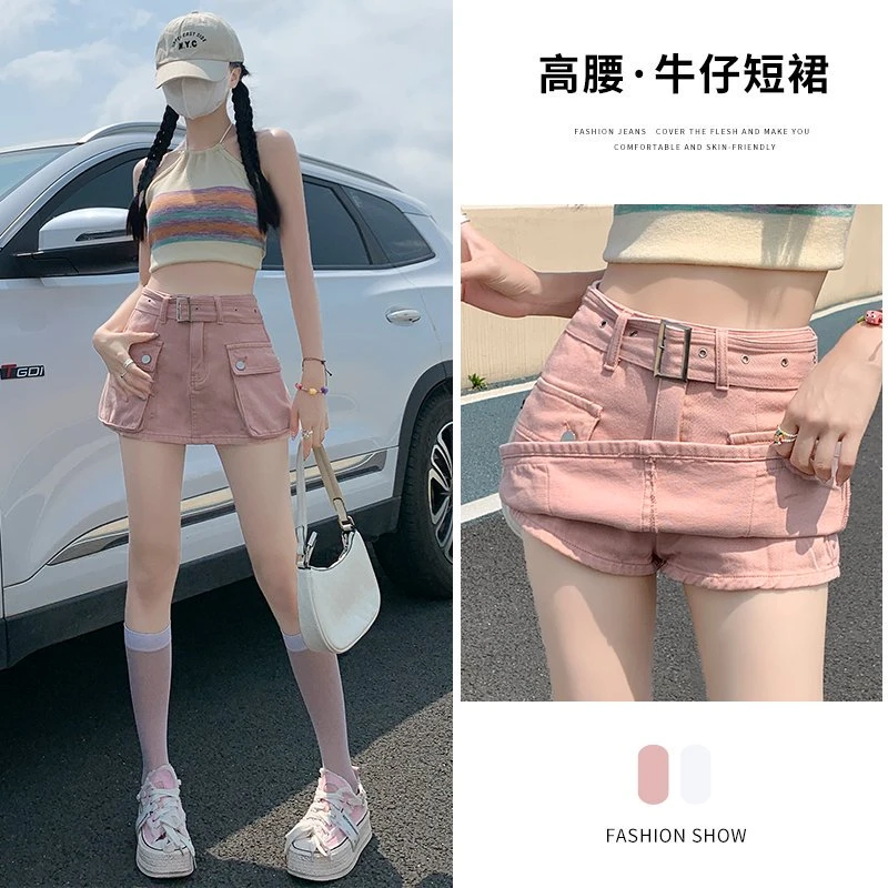 牛仔短裤裙女夏2025年新款薄款时尚辣妹宽松高腰直筒工装裤子