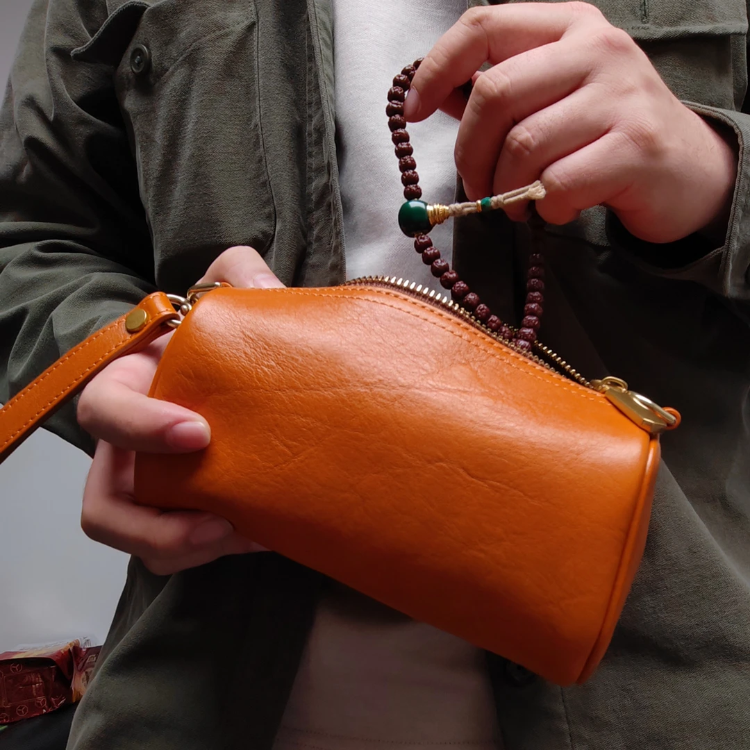 元夙油腊牛皮文玩收纳袋植鞣手提桶型高档首饰袋盘珠玉手串收纳