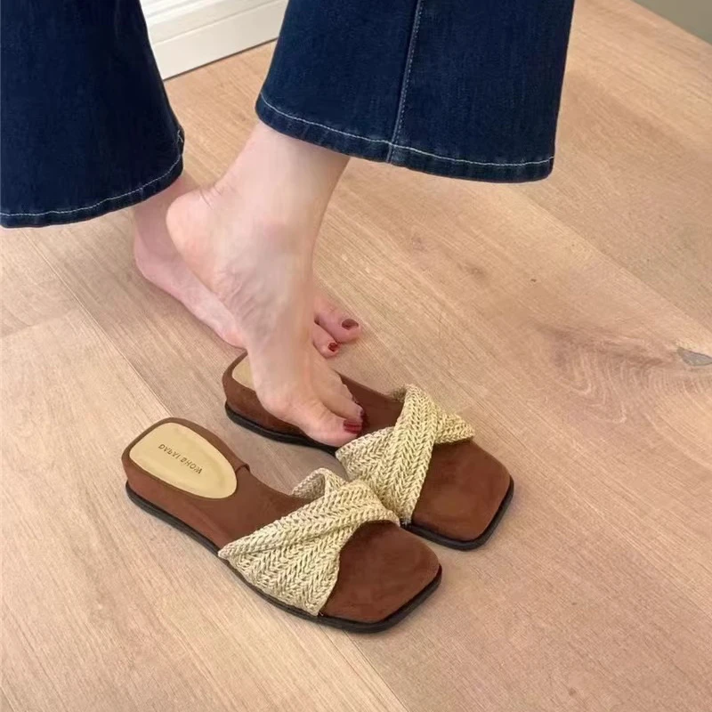 厚底编织一字带凉拖鞋女外穿2025年夏季度假波西米亚气质坡跟凉鞋