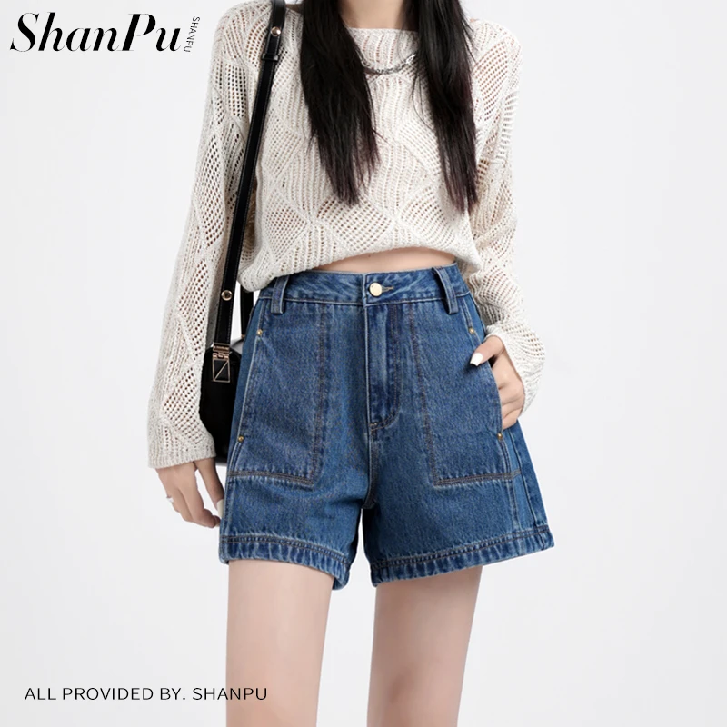 珊璞深蓝色高腰牛仔短裤女2025夏季新款宽松显瘦A字热裤外穿薄款