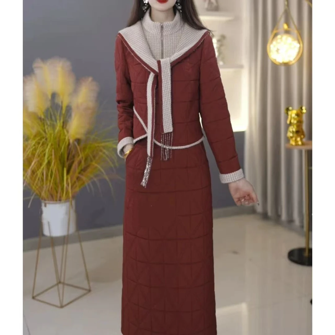 【上衣+半身裙】雪花绒冬季棉衣加半身裙优雅时尚减龄收腰两件套