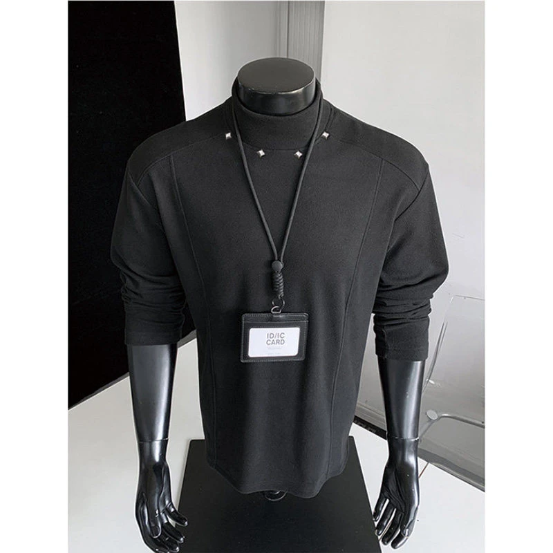 黑色半高领德绒打底衫男冬季金属扣解构长袖t恤美式内搭加厚卫衣