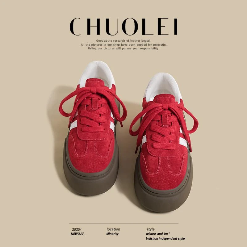 厚底德训鞋女2025夏季新款红色小个子增高复古韩版阿甘运老爹鞋女