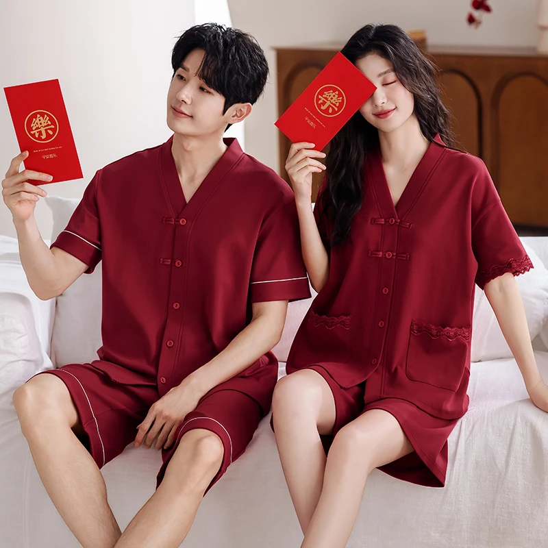 结婚新婚情侣睡衣夏季纯棉短袖红色新中式开衫男女家居服高档套装