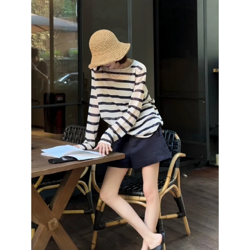 夏季女装撞色条纹防晒宽松慵懒风设计感针织衫长袖时尚罩衫上衣