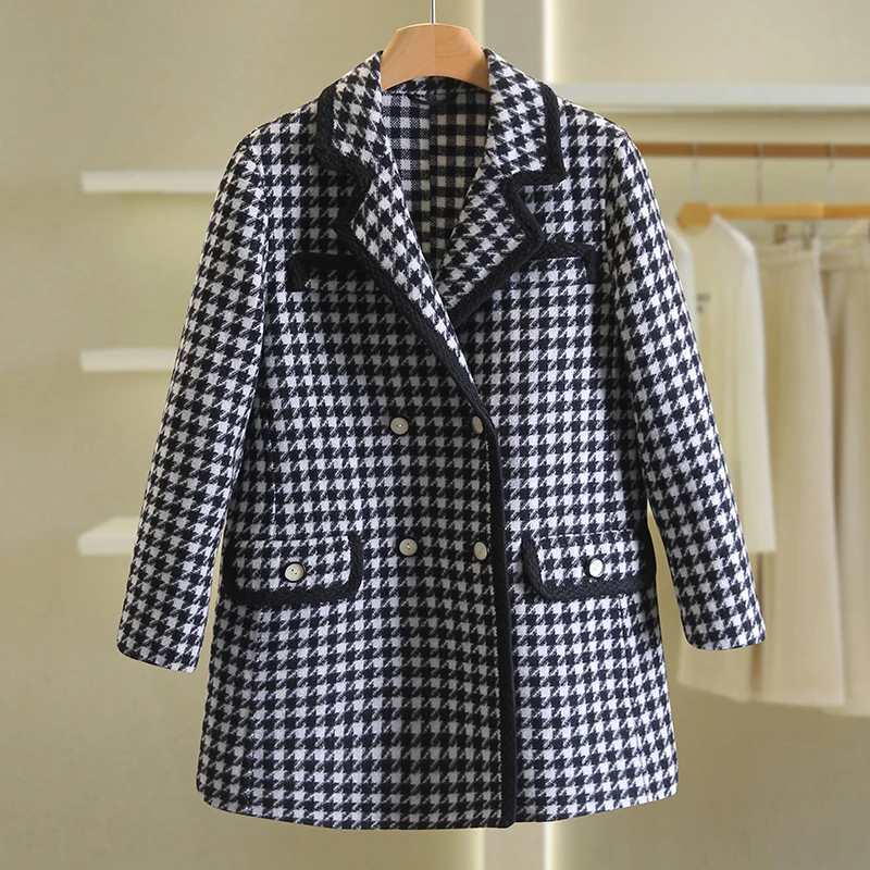 【伍莎-自营】双排扣格纹宽松中长款双面呢外套#RBD48B010