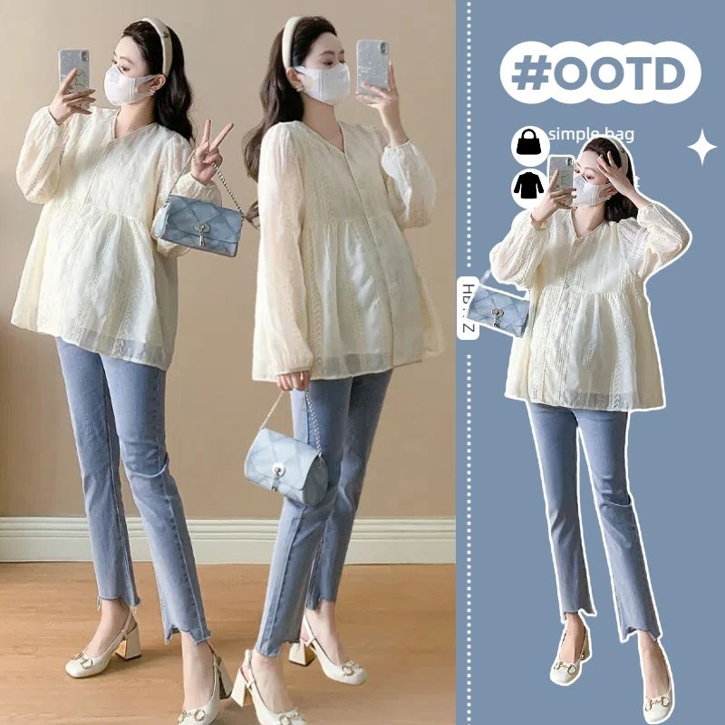 新款孕妇装春秋甜美宽松长袖V领娃娃衫绣花减龄百搭大码孕妈上衣