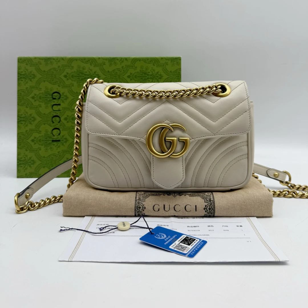 95新 GUCCI/古驰 白色marmont22cm 小号链条包、单肩斜挎包41921