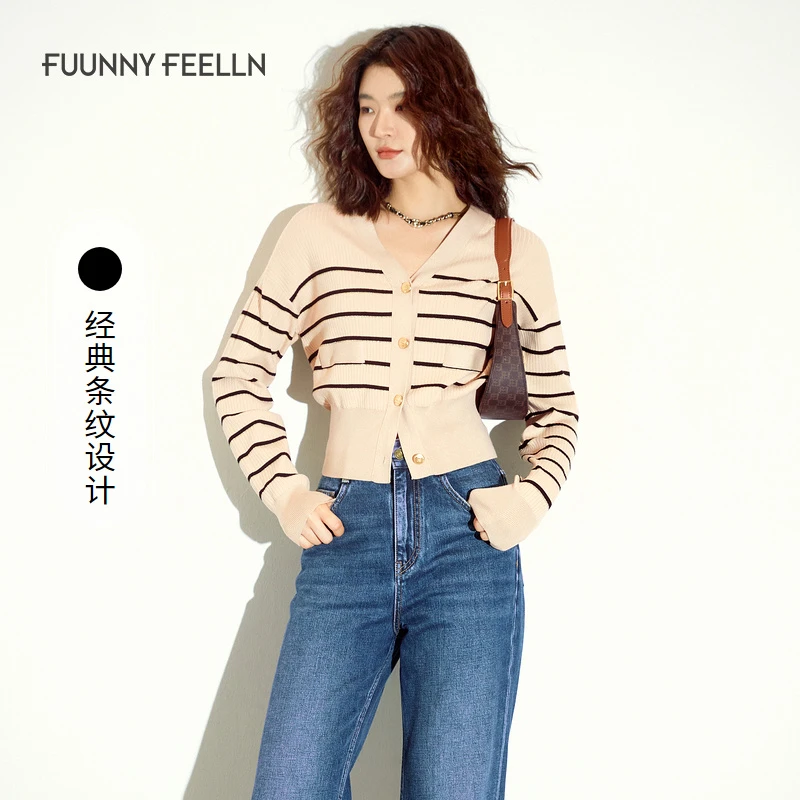 仿佛针织衫女长袖条纹开衫上衣薄款秋冬短款00961百搭