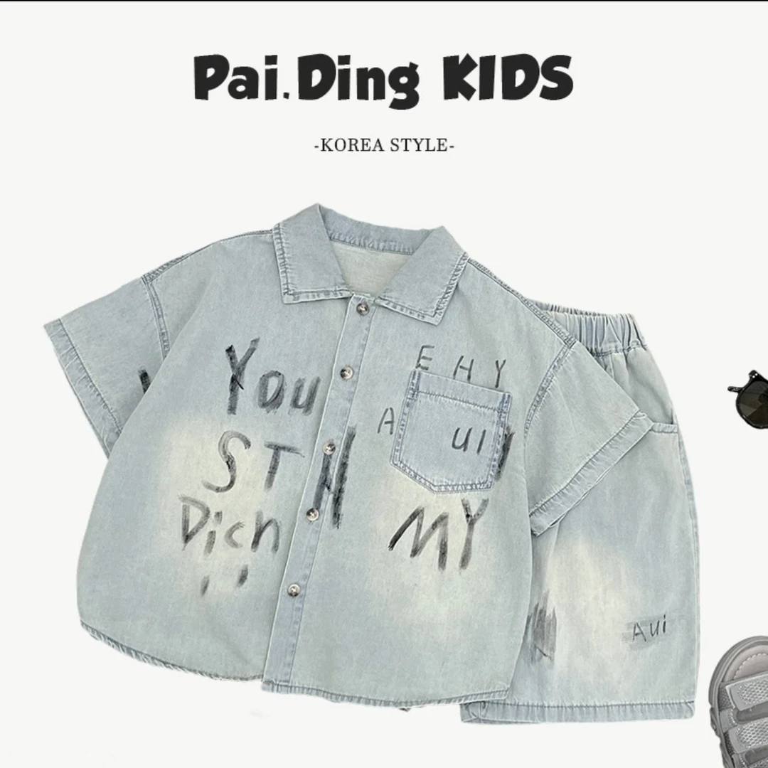 【甜饱家】儿童夏季薄款套装软牛仔水洗涂鸦衬衫休闲五分裤两件套