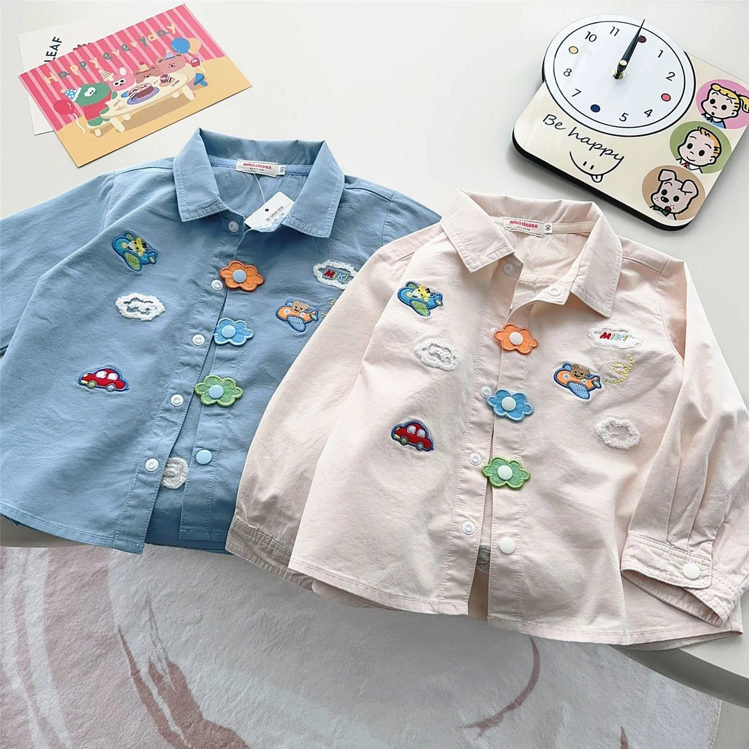 儿童可爱衬衫~ 春秋款日系男童纯棉梭织上衣宝宝翻领飞机刺绣衬衣