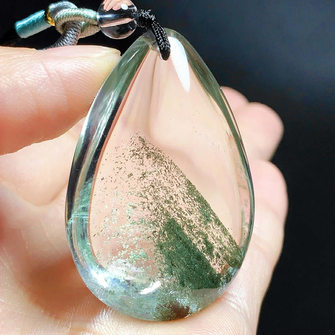 东海水晶天然水滴千层绿幽灵100%真品水晶吊坠毛衣链项坠男女网红