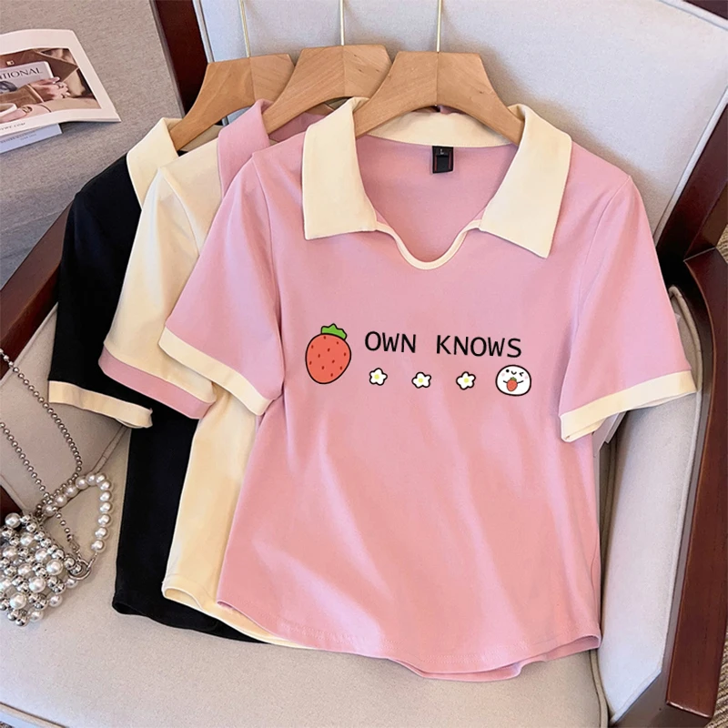 大码胖mm200斤韩版百搭polo领拼色短袖t恤女夏季显瘦减龄气质上衣