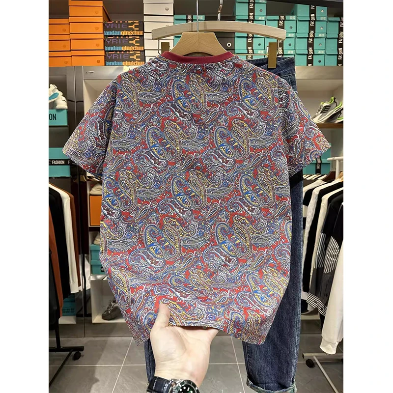 特大码300斤潮流复古腰果花短袖t恤男女夏季新款情侣半袖上衣