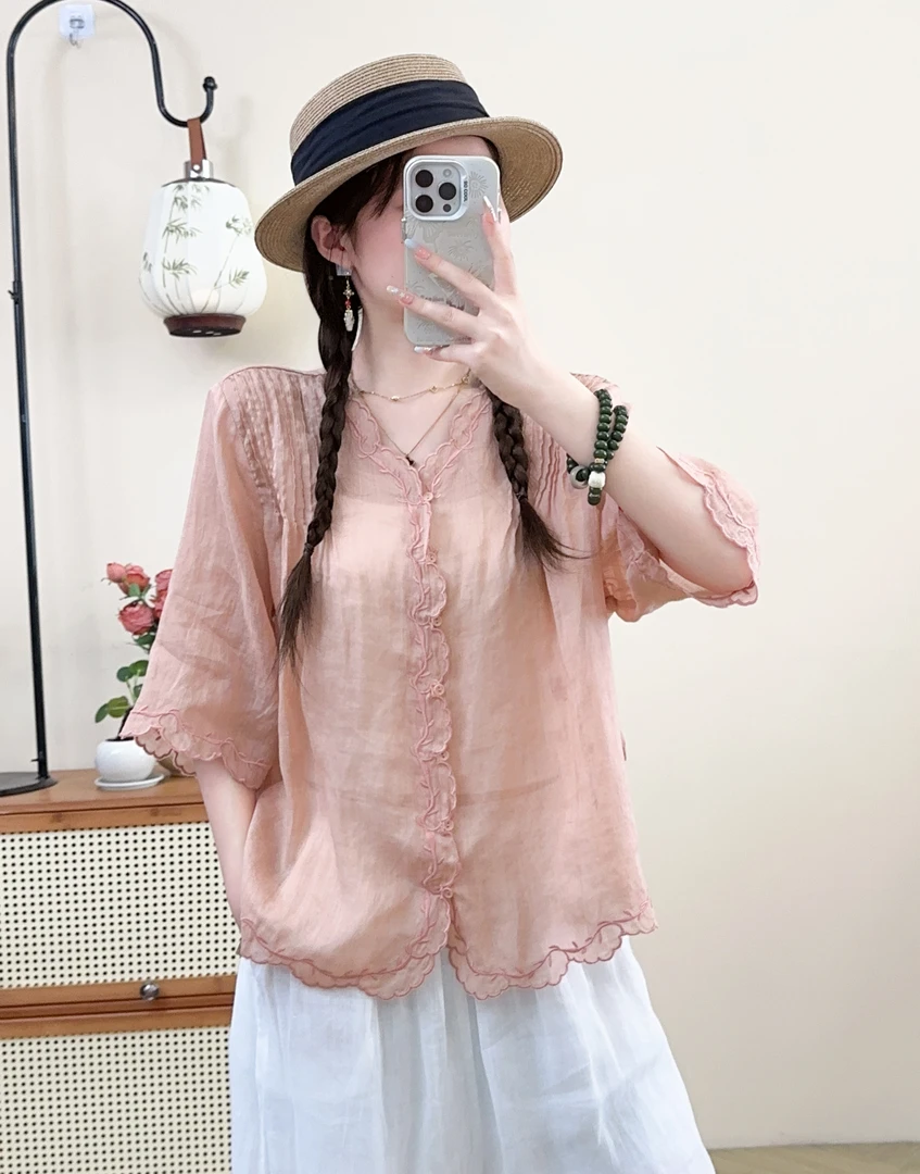夏季纯色苎麻薄款文艺休闲单排扣描边刺绣V领衬衫褶皱花边V领衬衫