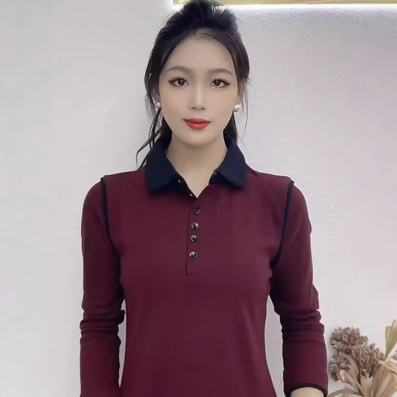 洋气减龄POLO领女款打底衫秋冬季新款简约撞色小众修身长袖上衣