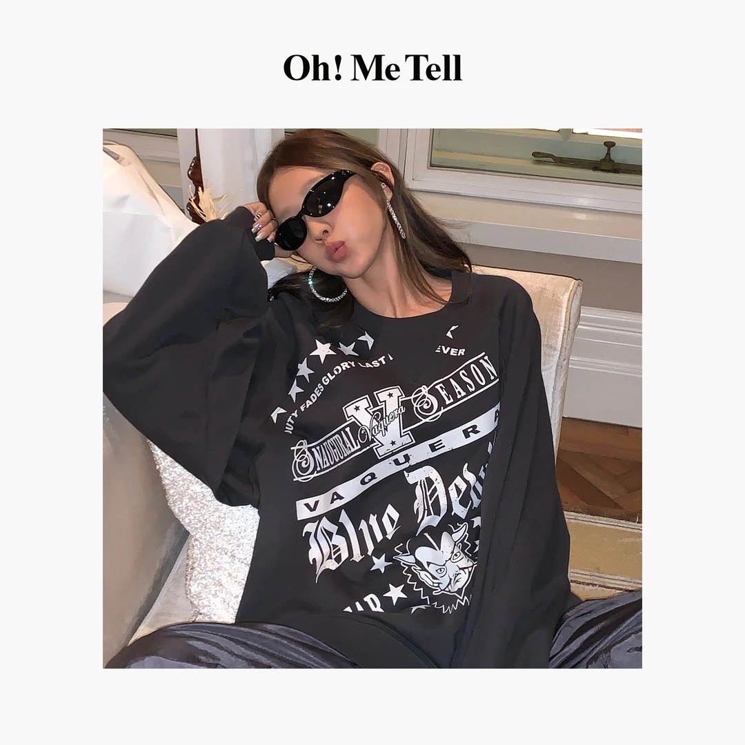 Oh！Me Tell【ROSE朴彩英同款】字母印花宽松大版显瘦插肩袖圆领卫衣