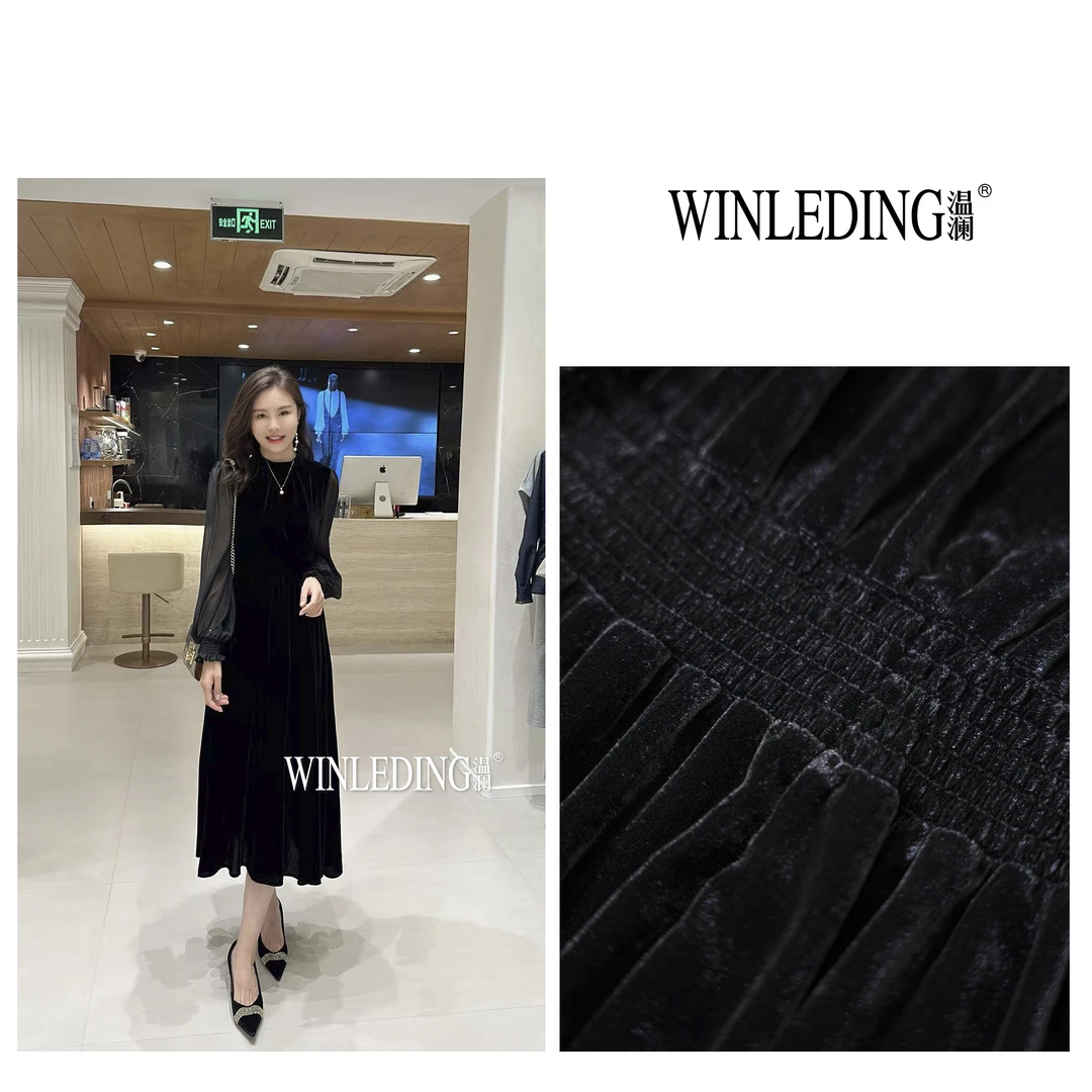 温澜服饰·雅“云鼎”拼色纱袖显瘦遮肉丝绒连衣裙50129