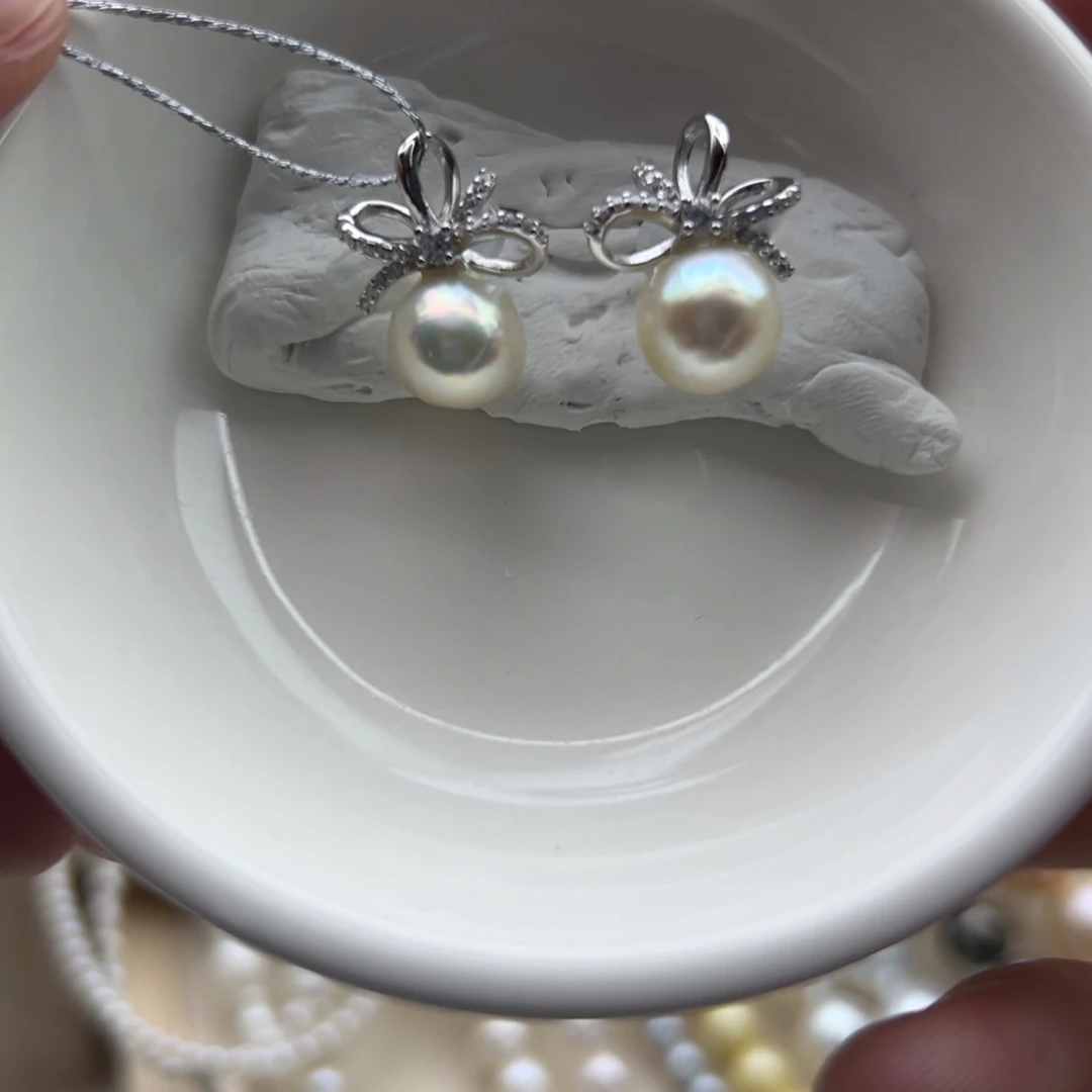 银S925镶嵌耳饰海水珍珠8-9mm海水Ak蝴蝶结耳钉