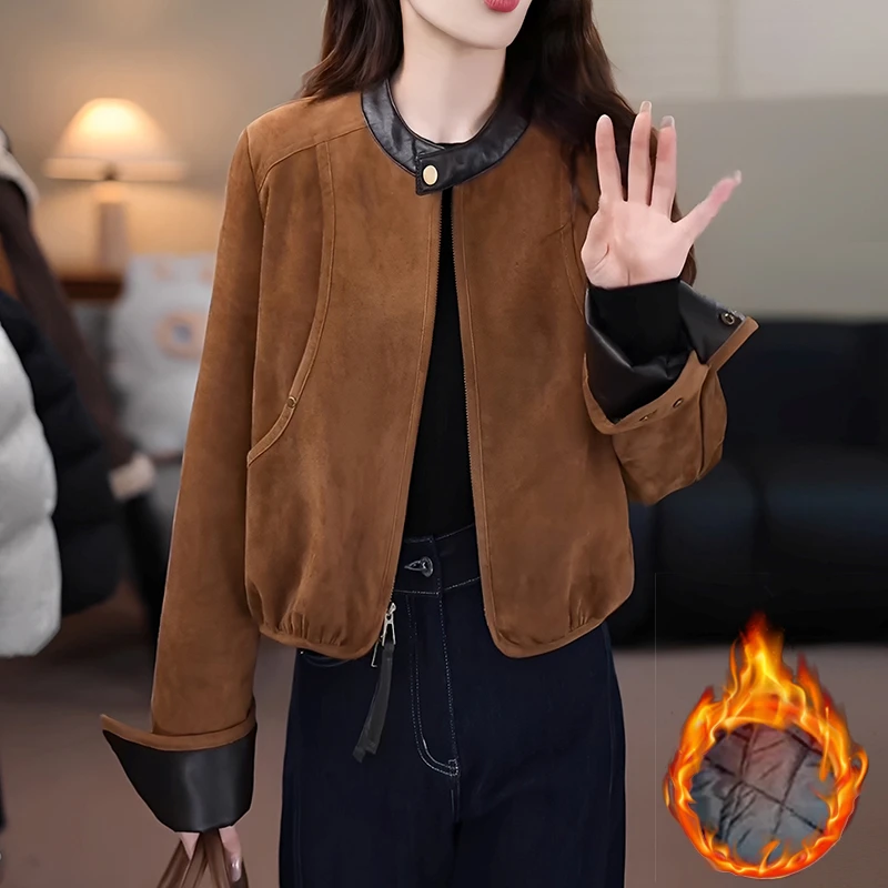 短款外套2025冬季新款女宽松显瘦拼接时尚气质夹棉加厚保暖上衣