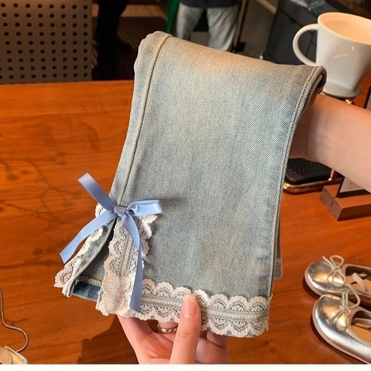 女童春秋蝴蝶结喇叭牛仔裤2025新款小童女宝宝软牛仔长裤洋气甜美