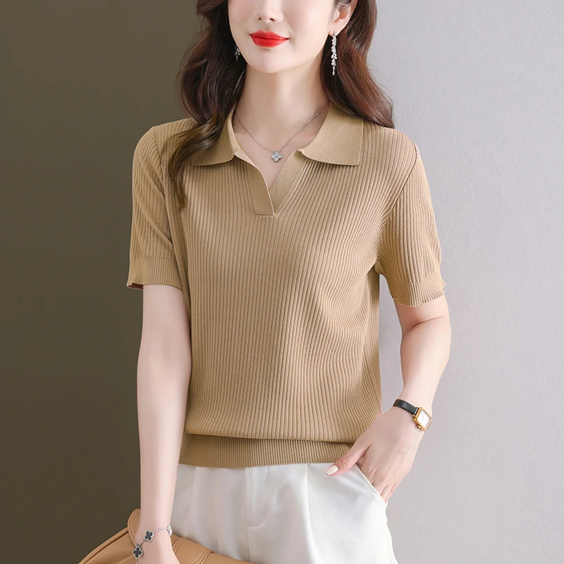 哥弟阿玛施正夏季桑蚕丝短袖t恤女翻领冰丝针织宽松上衣POLO衫薄