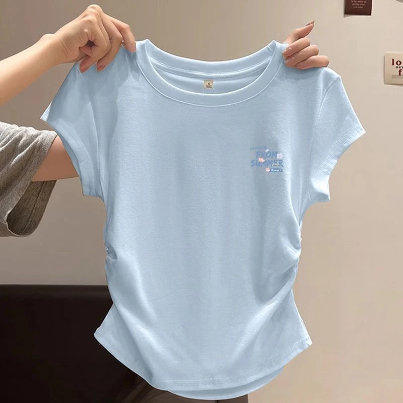 耐磨字母数字短袖心形通勤T恤韩版高腰长款圆领ins