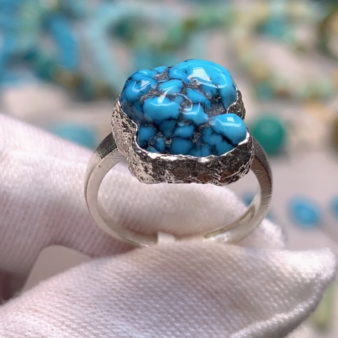 未镶嵌绿松石原矿高瓷蓝戒指