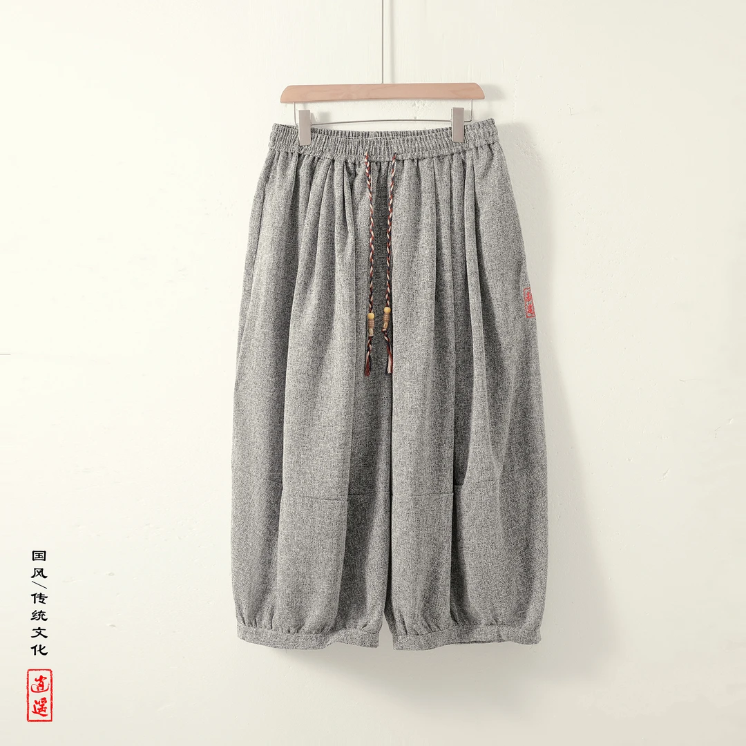 加肥加大码阔腿灯笼裤男新中式国风刺绣九分裤夏季宽松重磅运动裤