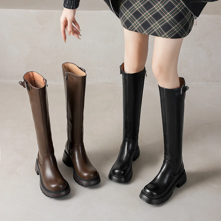 5.5cm 韩版百搭粗跟高筒骑士靴秋冬法式气质简约时尚舒适厚底长靴