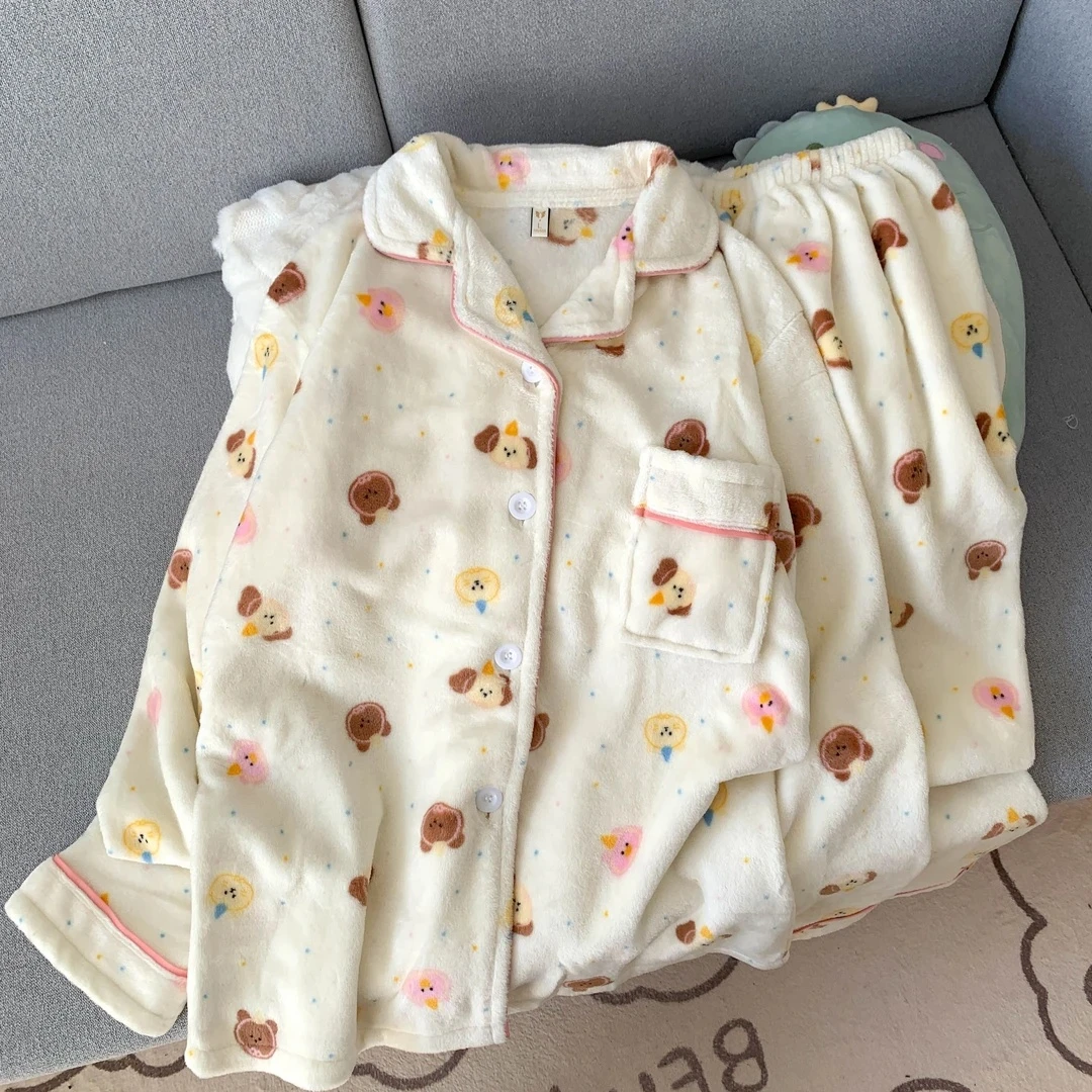 卡通小熊新款冬季保暖睡衣女双面法兰绒面料可外穿开衫家居服套装