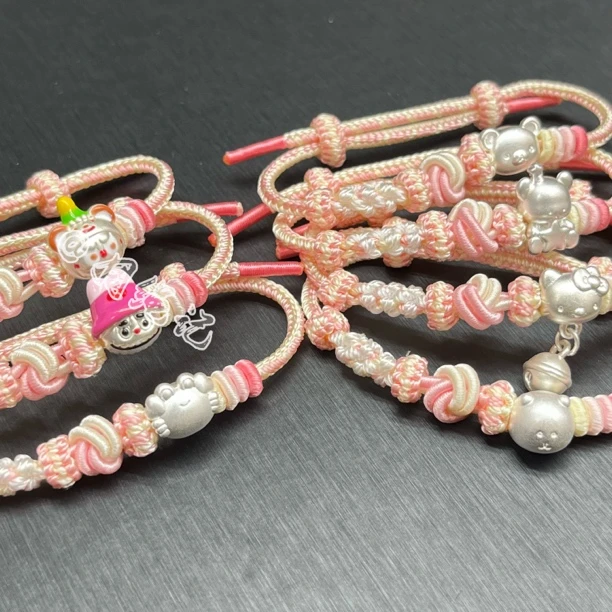 足银手链 999纯银轻松熊KT猫卡通银饰编织甜美手绳情侣闺蜜礼物