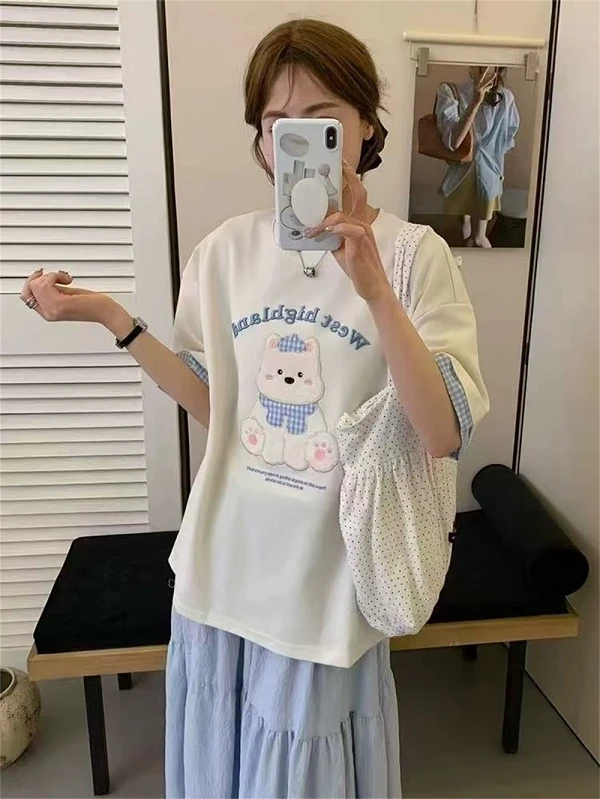 找到对应 价钱，订单留言备注编码，拼接慵懒风短袖格子卡通T恤夏季