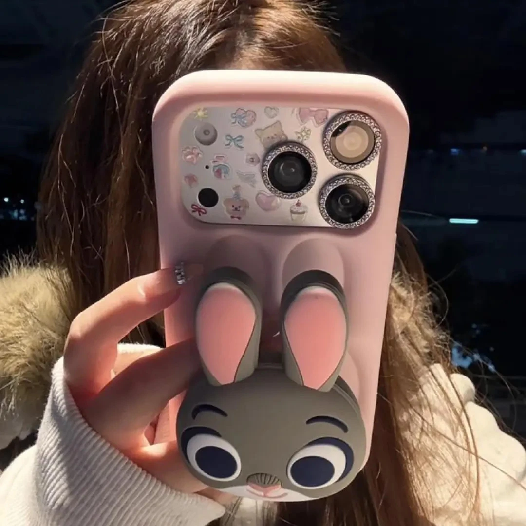 可爱粉色硅胶朱迪脑袋支架适用iPhone17pro手机壳苹果16pro防摔15