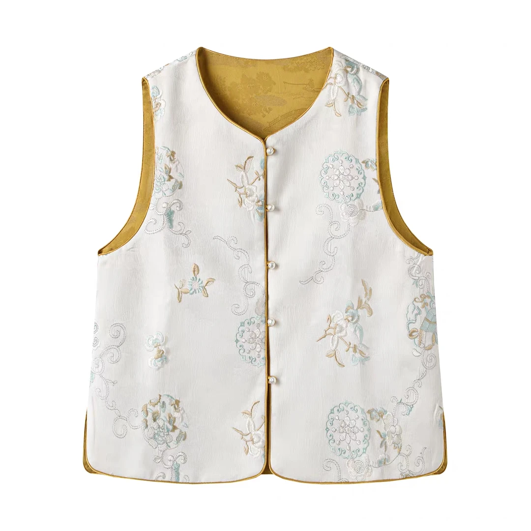 【朝雾】2025年秋季新款中式国风双面穿复古丝缎盘扣刺绣提花马甲