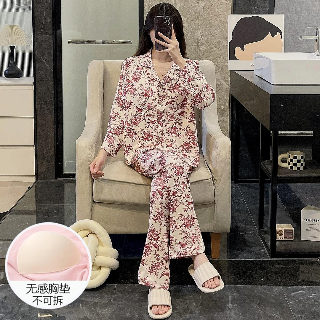 睡衣女春秋季德绒长袖2025新款带胸垫大码保暖粉叶家居服夏天套装