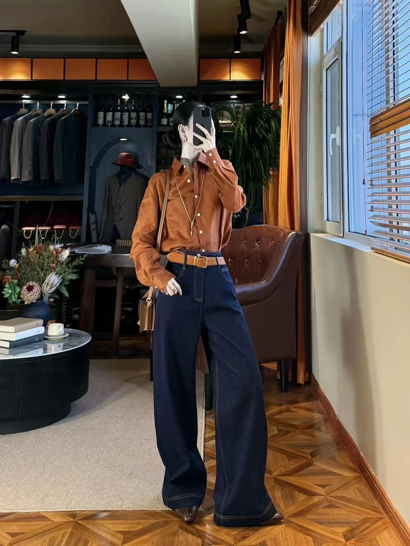 2025秋季新款港味复古橘色灯芯绒衬衫高腰显瘦复古牛仔裤两件套装