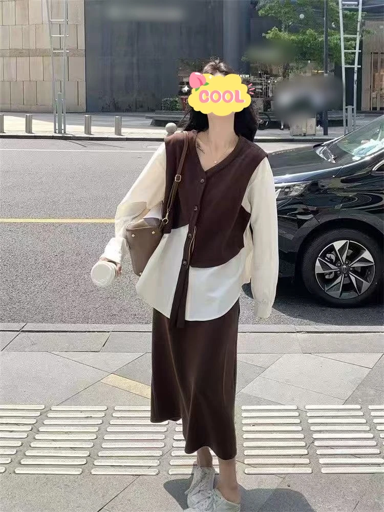 大码早秋套装遮肚显瘦假两件长袖上衣半身裙两件套99386#