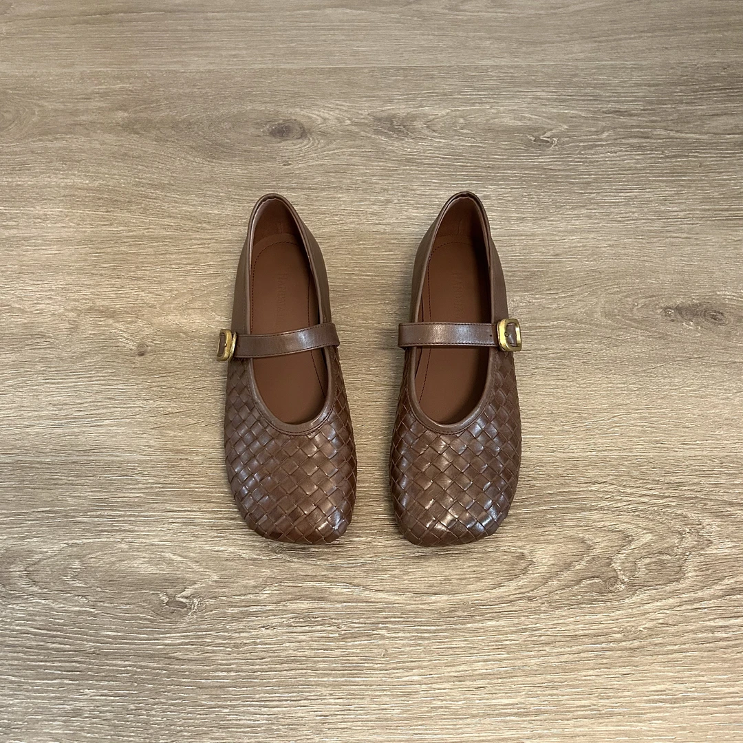 Dannyfrey法式时尚手工编织平底女软皮软底配裙子一字带玛丽珍鞋