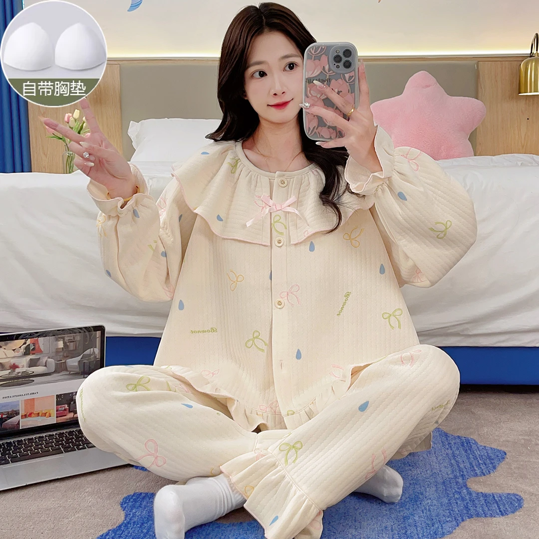 2025年冬季空气棉带胸垫睡衣女开衫套装夹层卡通长袖睡衣女家居服
