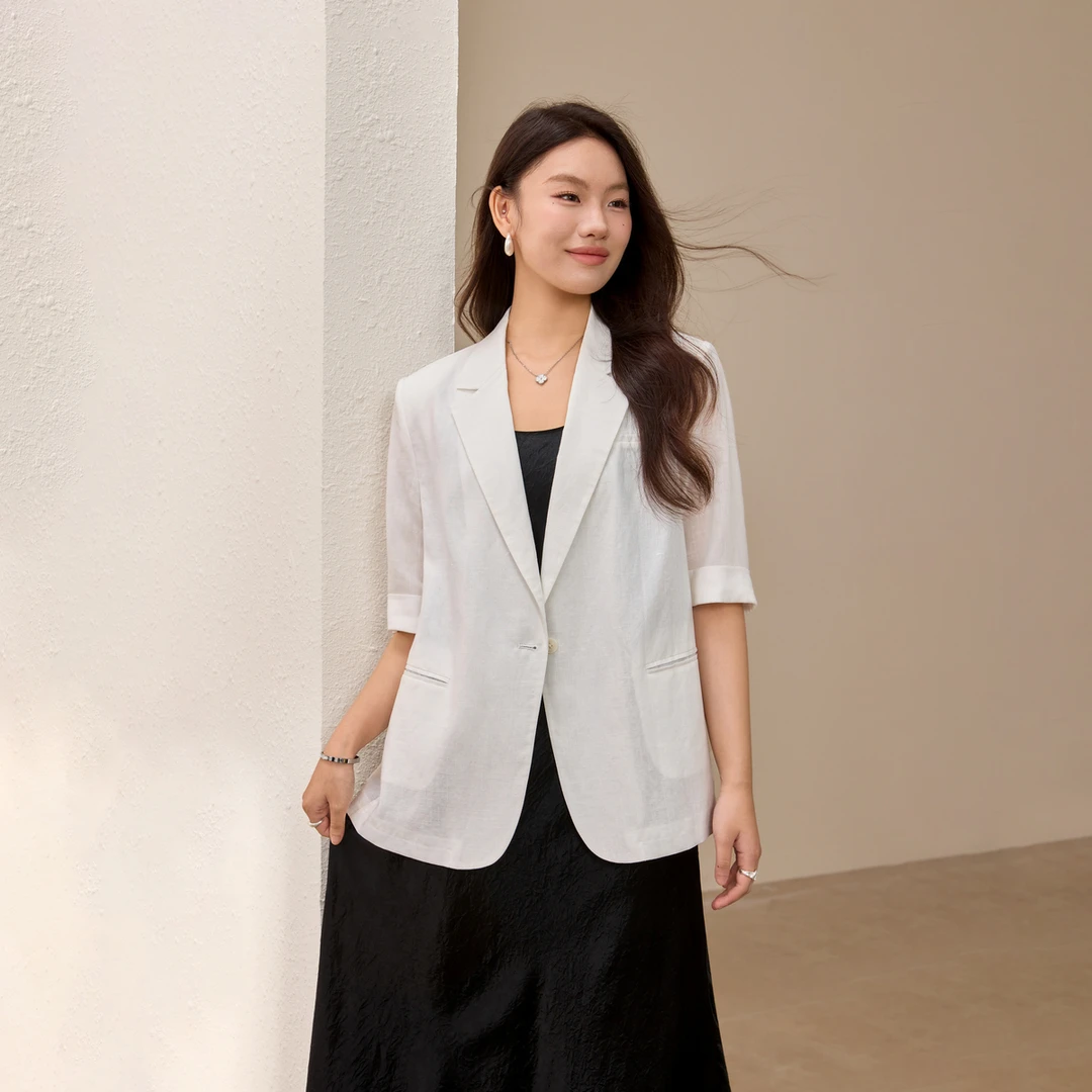 【浮影】纤莉秀W大码女装老钱风莱赛尔亚麻清透柔软西装外套QK2319