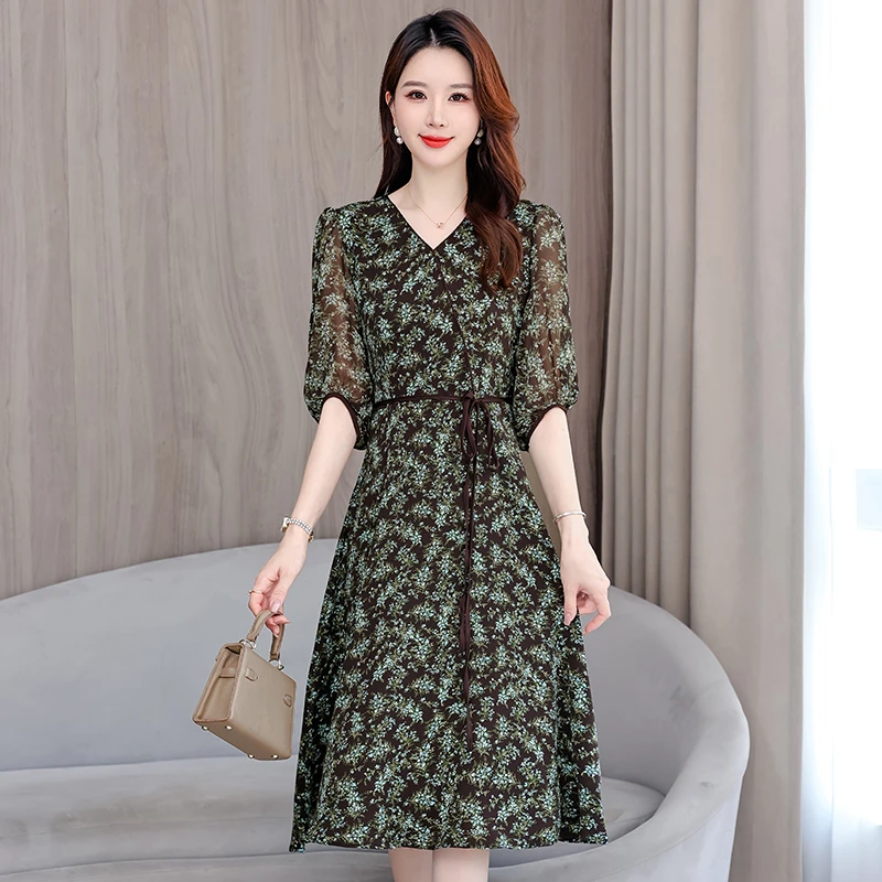 【运费补贴】59673咖底丹青色新款碎花连衣裙长裙过膝修身显连衣裙