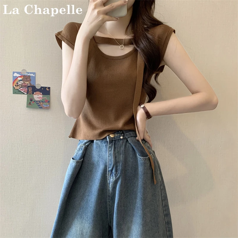 拉夏贝尔法式短袖针织T恤女夏季2025新款设计感小众辣妹系带上衣