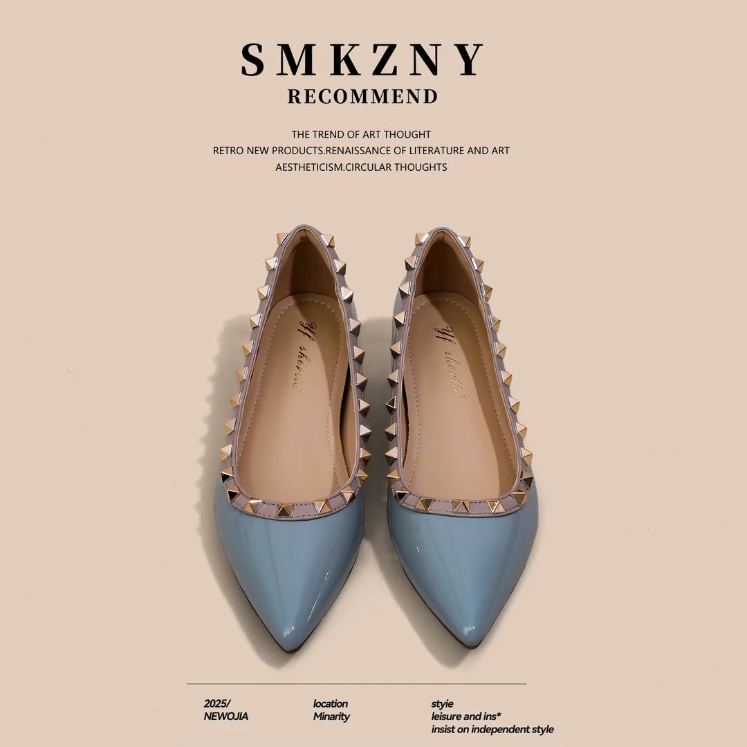 蓝色高跟鞋女款2025新款秋季时尚百搭尖头浅口单鞋铆钉内增高女鞋