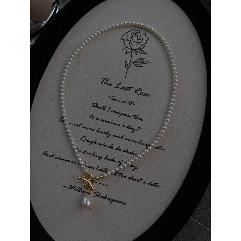 天然珍珠近圆4.5mm项链OT扣吊坠小众锁骨链新款设LH0624